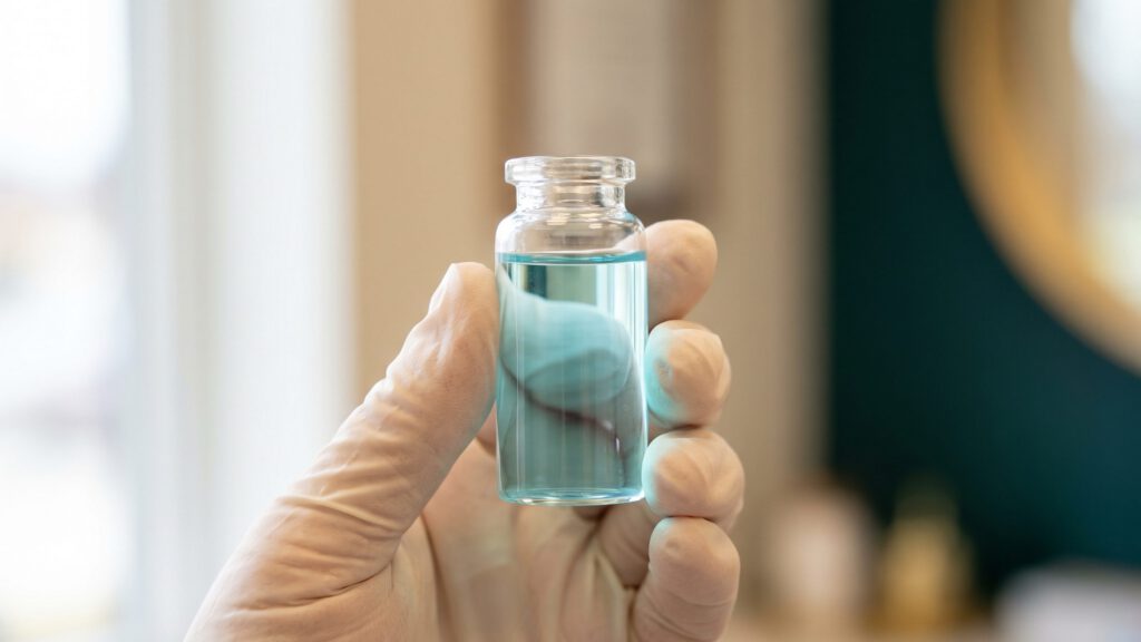 Vial de vidrio sin etiqueta con solucion de peptido de cobre, sostenido a contraluz