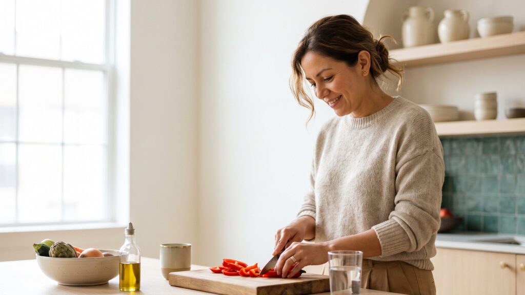 Mujer preparando verduras frescas en la barra de una cocina luminosa